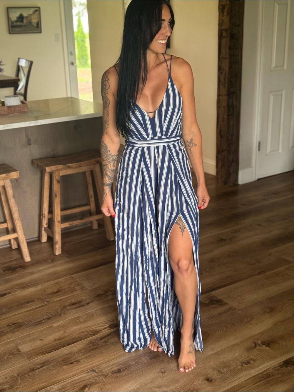 Striped Blue & White Maxi Dress with Front Slit